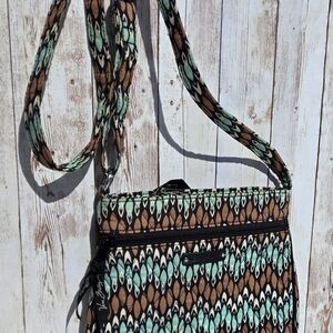 Vera Bradley Small Crossbody Bag Teal Brown Feather Print Adjustable Strap EUC
